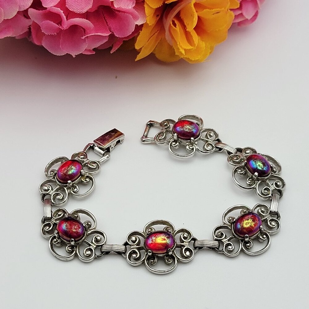Vintage Emmons Silver Tone Flower Link Red AB Rhinestone Bracelet 7 in Art Deco